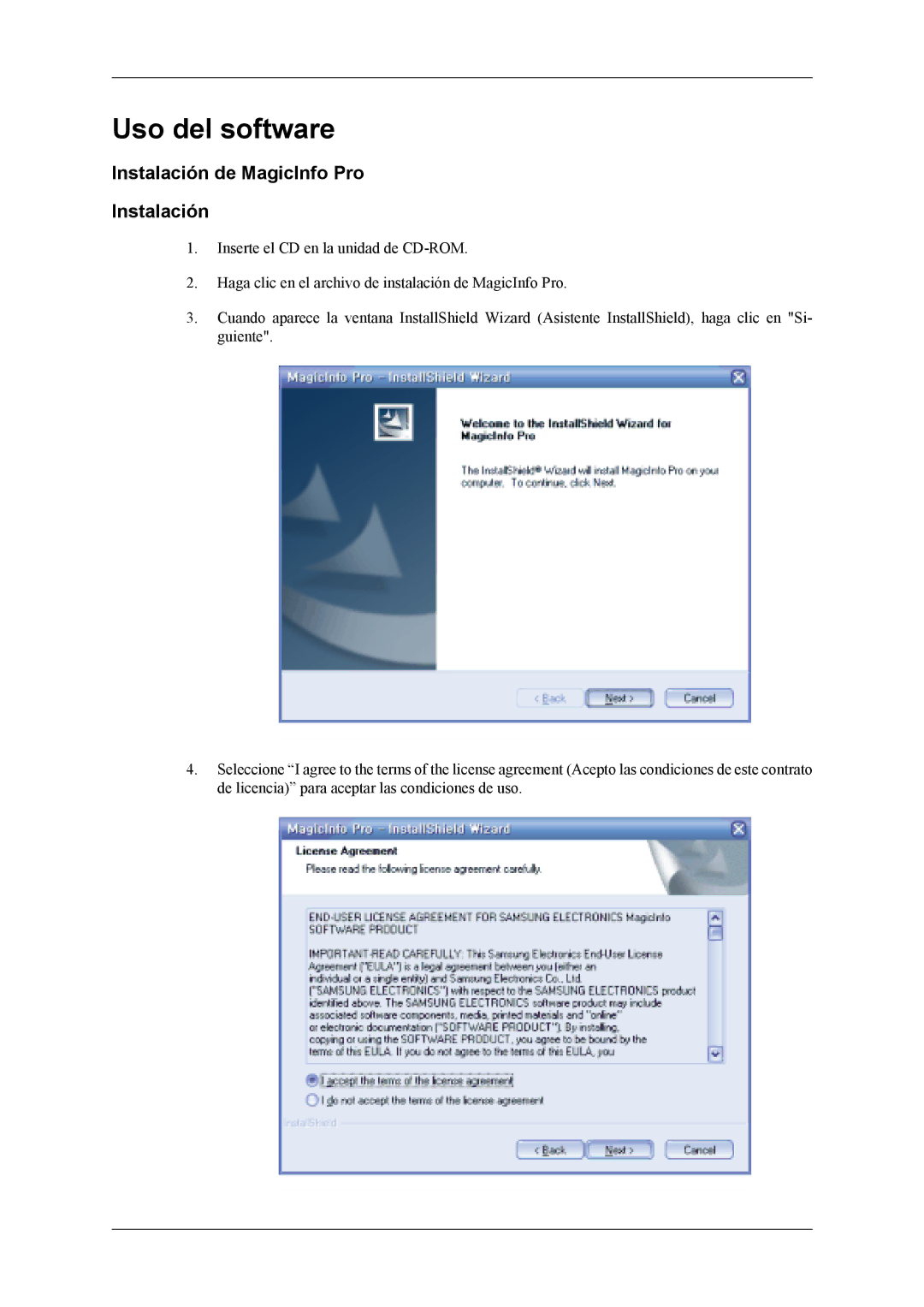 Samsung LS46BPTNS/EDC, LH46MWTLBN/EN, LH46MSPLBM/EN, LH46MSTLBM/EN manual Uso del software, Instalación de MagicInfo Pro 