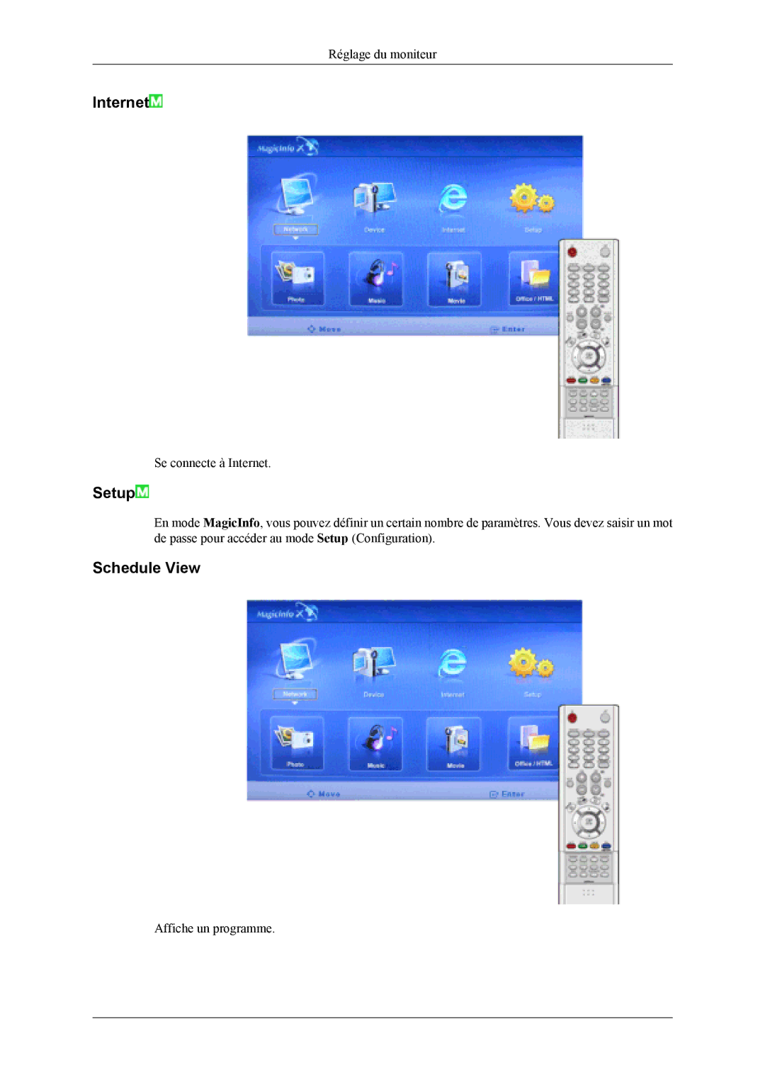 Samsung LH46MSTLBM/EN, LH46MWTLBN/EN, LH40MSTLBM/EN, LH46MSTLBB/EN, LH40MSTLBB/EN manual Internet, Setup, Schedule View 