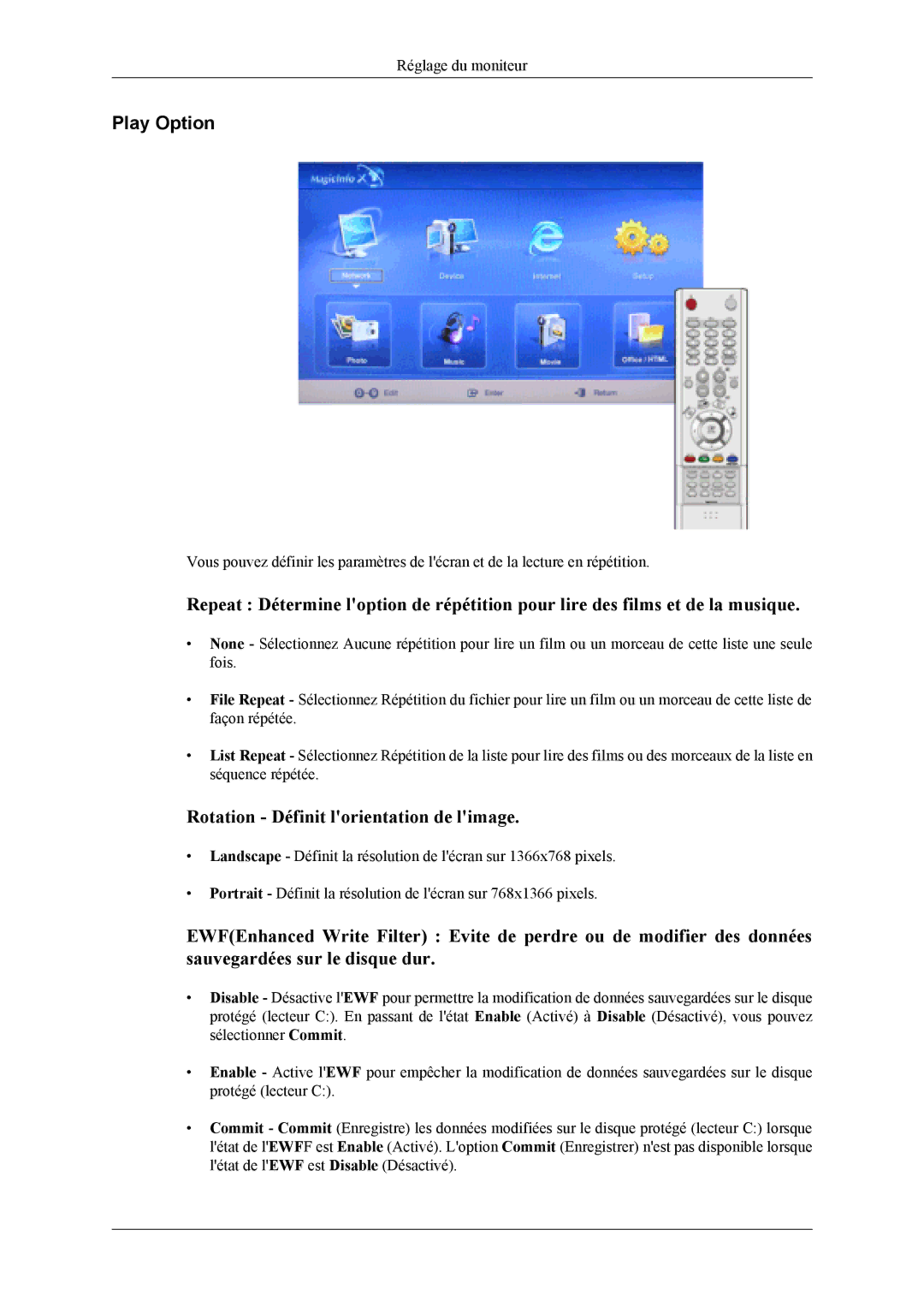 Samsung LH40MSTLBB/EN, LH46MWTLBN/EN, LH46MSTLBM/EN, LH40MSTLBM/EN manual Play Option, Rotation Définit lorientation de limage 