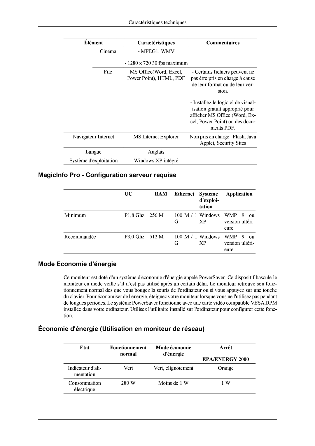 Samsung LH46MSTLBM/EN, LH46MWTLBN/EN, LH40MSTLBM/EN MagicInfo Pro Configuration serveur requise, Mode Economie dénergie 