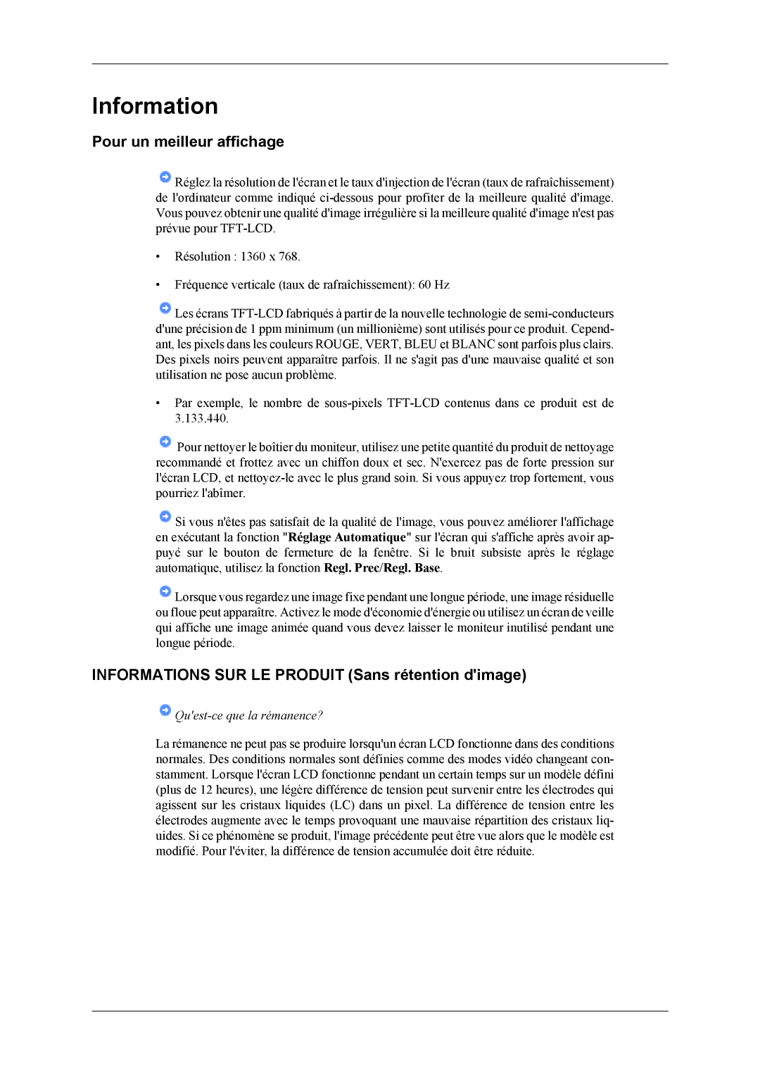 Samsung LH40MSTLBM/EN, LH46MWTLBN/EN manual Pour un meilleur affichage, Informations SUR LE Produit Sans rétention dimage 