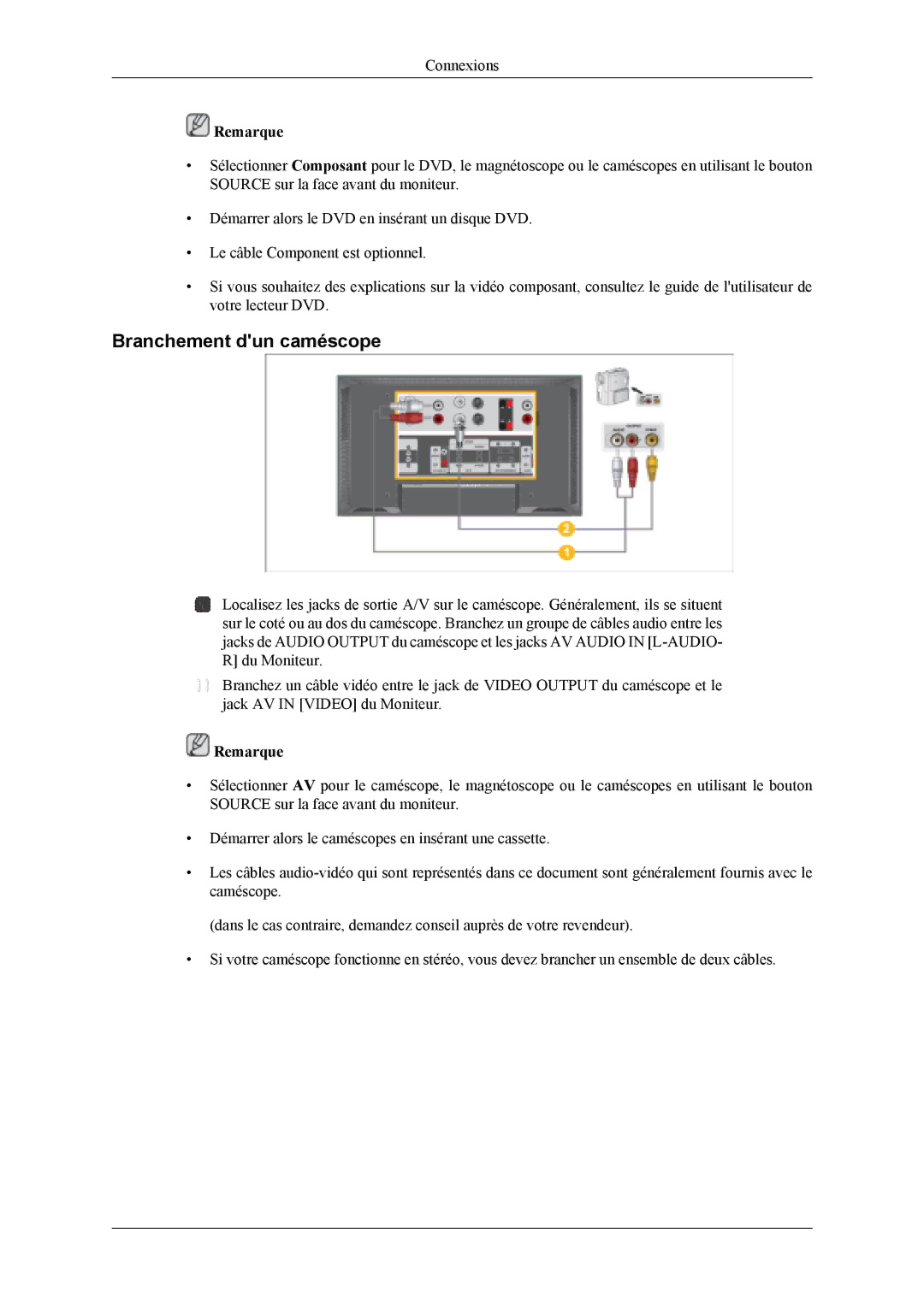 Samsung LH40MSTLBM/EN, LH46MWTLBN/EN, LH46MSTLBM/EN, LH46MSTLBB/EN, LH40MSTLBB/EN, LH40MSPLBM/EN Branchement dun caméscope 