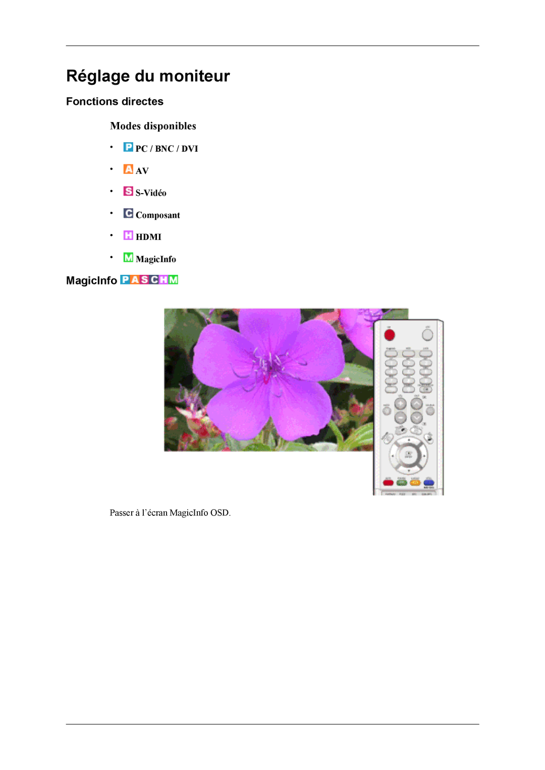 Samsung LH40MSPLBM/EN, LH46MWTLBN/EN, LH46MSTLBM/EN manual Fonctions directes, MagicInfo, PC / BNC / DVI Vidéo Composant 