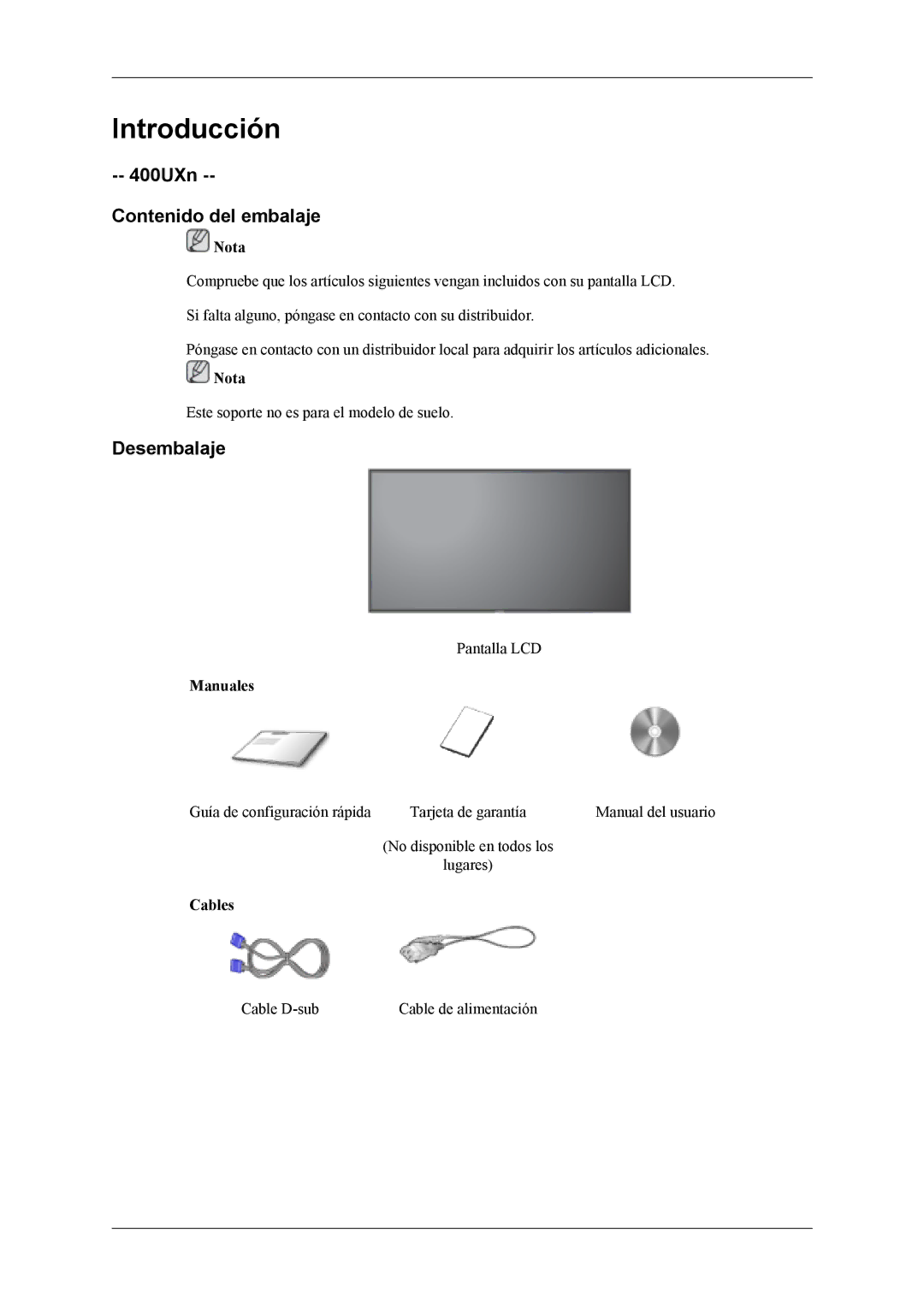 Samsung LH40MSTLBM/EN, LH46MWTLBN/EN, LH46MSTLBM/EN manual 400UXn Contenido del embalaje, Desembalaje, Manuales, Cables 