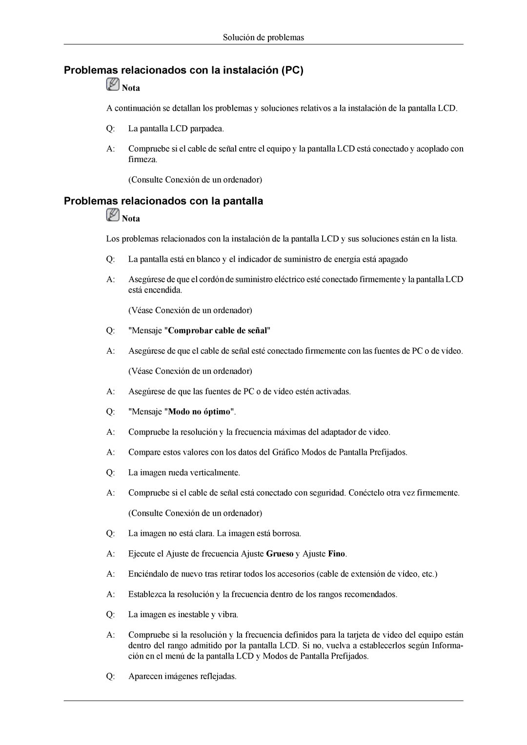 Samsung LH40MSTLBB/EN, LH46MWTLBN/EN Problemas relacionados con la instalación PC, Problemas relacionados con la pantalla 