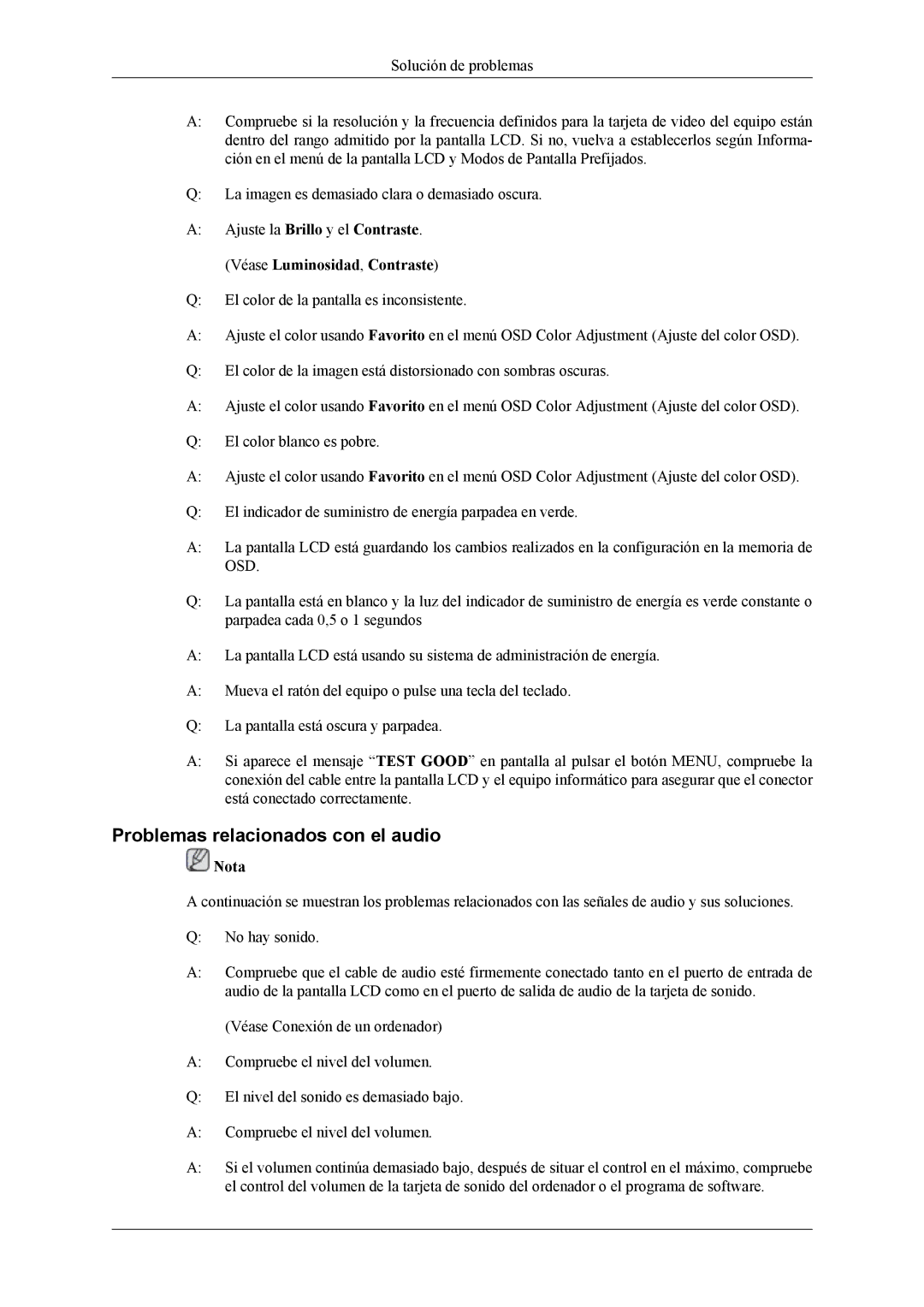 Samsung LH40MSPLBM/EN, LH46MWTLBN/EN, LH46MSTLBM/EN manual Problemas relacionados con el audio, Véase Luminosidad, Contraste 