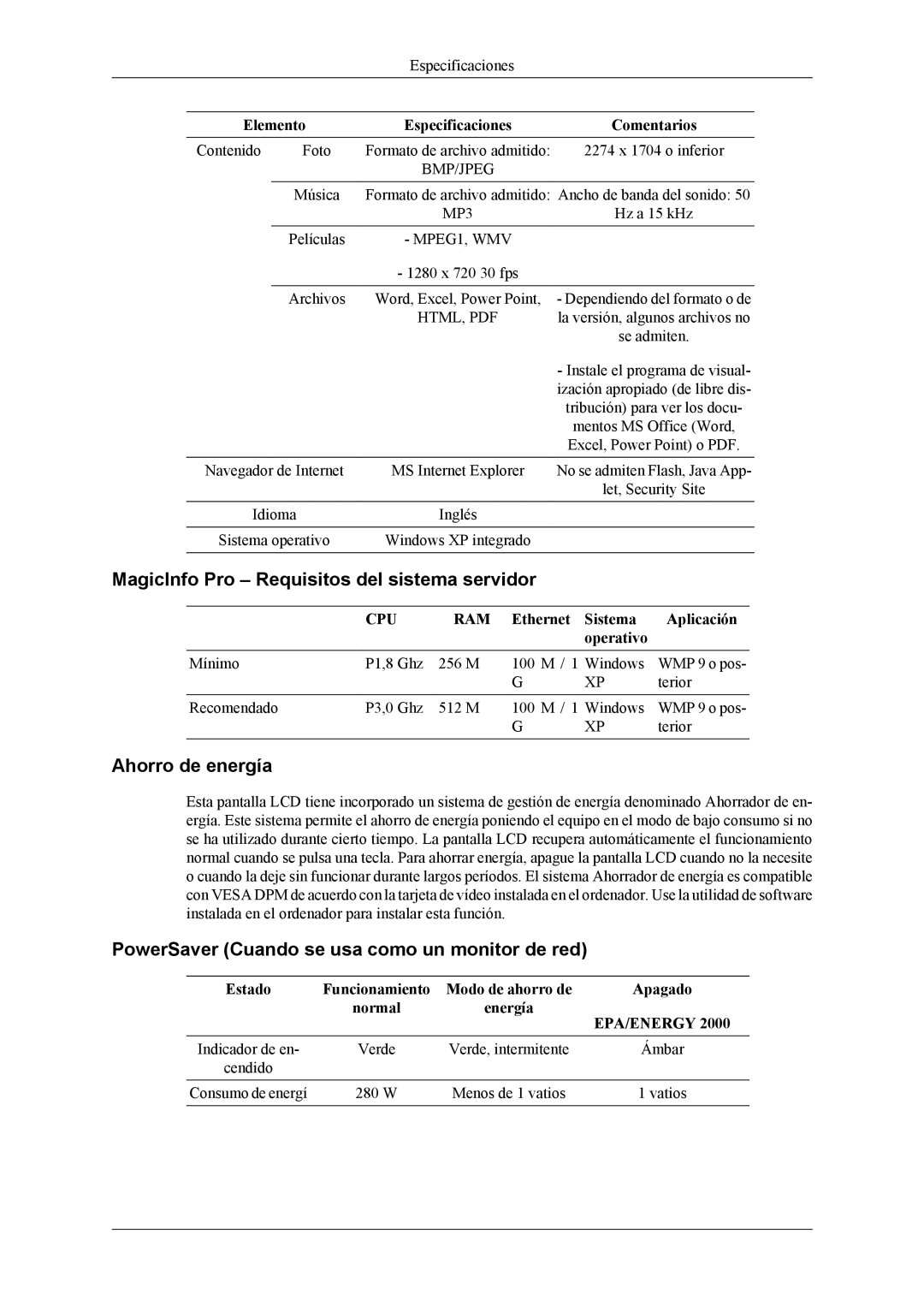 Samsung LH40MSTLBM/EN, LH46MWTLBN/EN, LH46MSTLBM/EN manual MagicInfo Pro Requisitos del sistema servidor, Ahorro de energía 