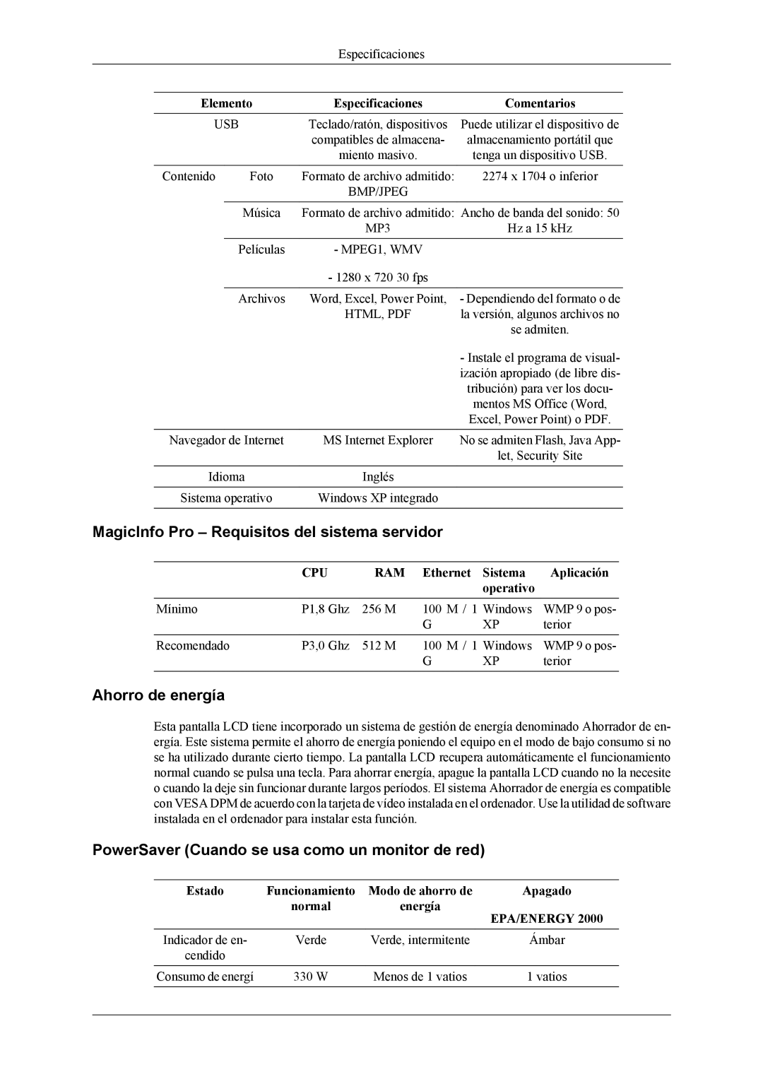 Samsung LH40MSTLBN/EN, LH46MWTLBN/EN, LH46MSTLBM/EN, LH40MSTLBM/EN manual MagicInfo Pro Requisitos del sistema servidor, 330 W 