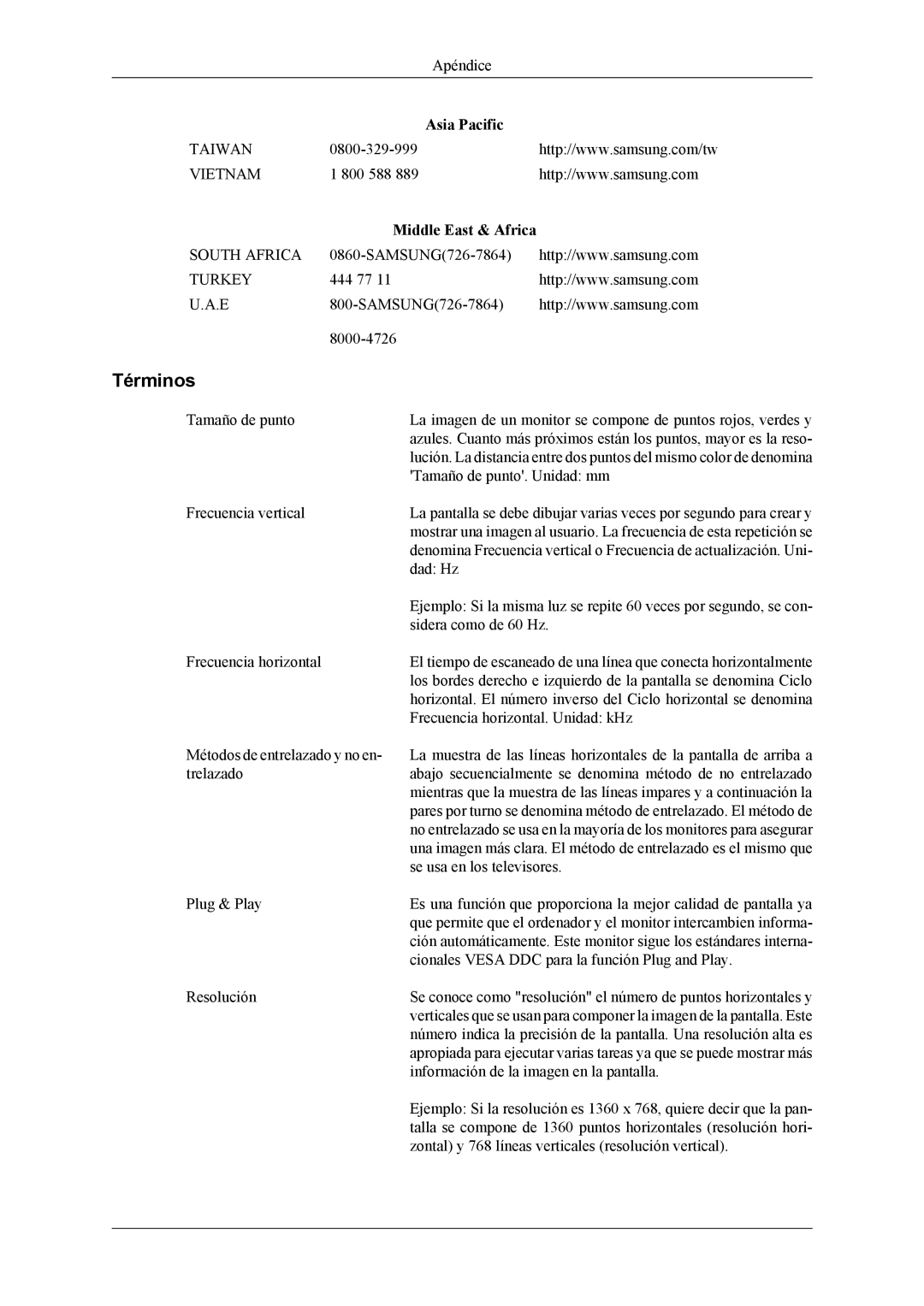 Samsung LH46MWTLBN/EN, LH46MSTLBM/EN, LH40MSTLBM/EN, LH46MSTLBB/EN, LH40MSTLBB/EN manual Términos, Middle East & Africa 