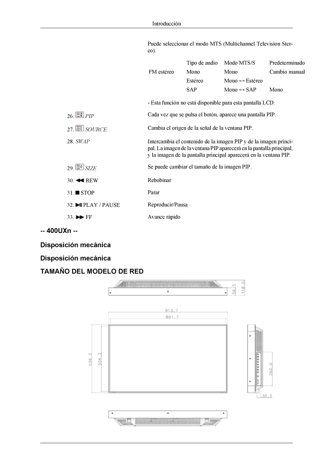 Samsung LH46MSTLBB/EN, LH46MWTLBN/EN, LH46MSTLBM/EN, LH40MSTLBM/EN, LH40MSTLBB/EN manual 400UXn Disposición mecánica, Swap Size 