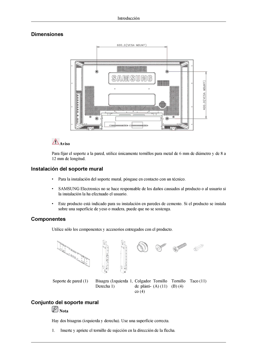 Samsung LH40MSPLBM/EN manual Dimensiones, Instalación del soporte mural, Componentes, Conjunto del soporte mural, Aviso 