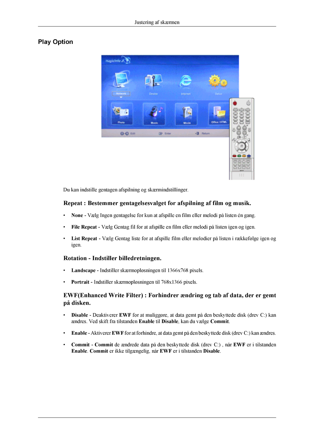 Samsung LH46MWTLBN/EN, LH46MSTLBM/EN, LH40MSTLBM/EN, LH46MSTLBB/EN manual Play Option, Rotation Indstiller billedretningen 