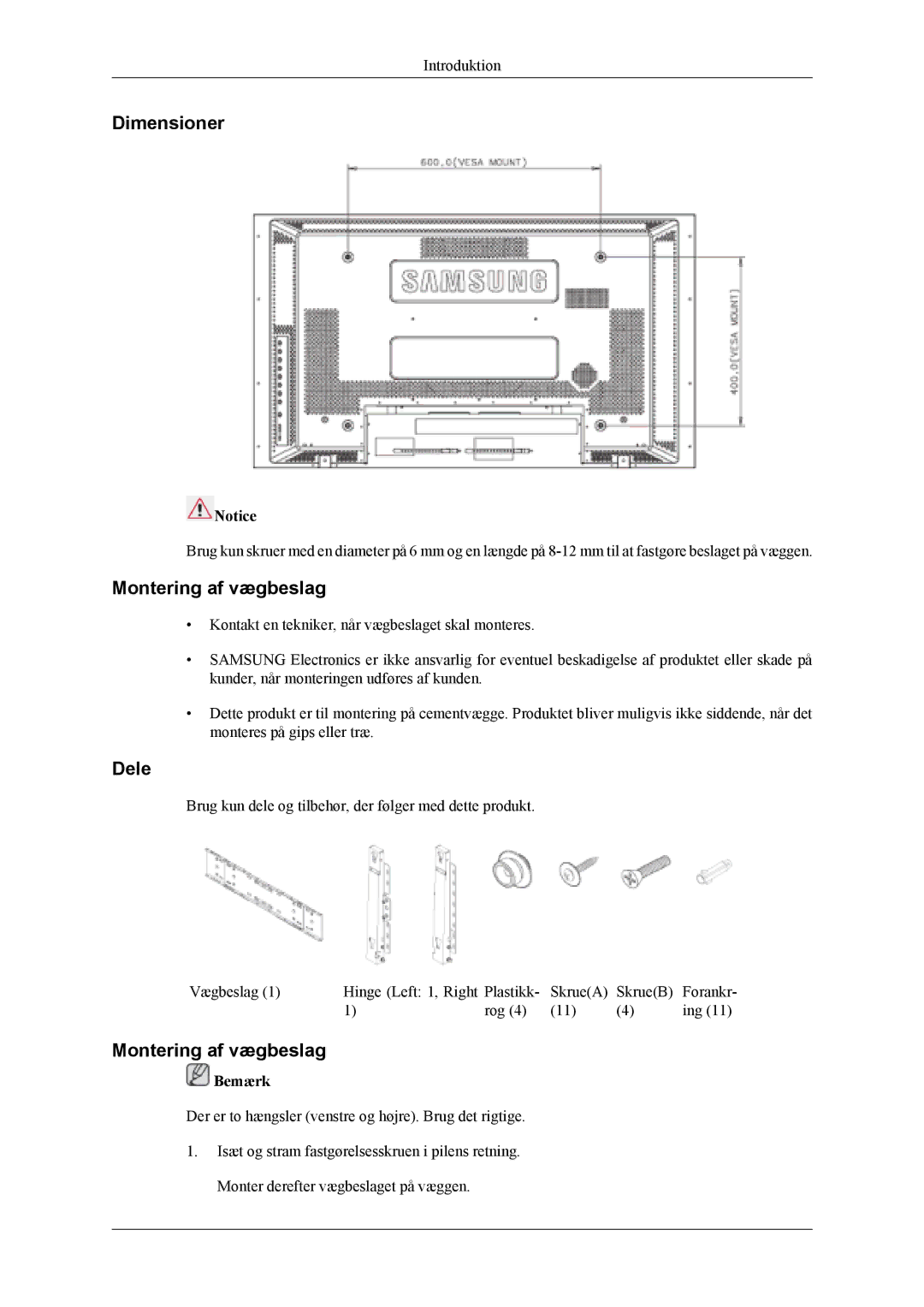 Samsung LH40MSTLBM/EN, LH46MWTLBN/EN, LH46MSTLBM/EN, LH46MSTLBB/EN, LH40MSTLBB/EN Dimensioner, Montering af vægbeslag, Dele 