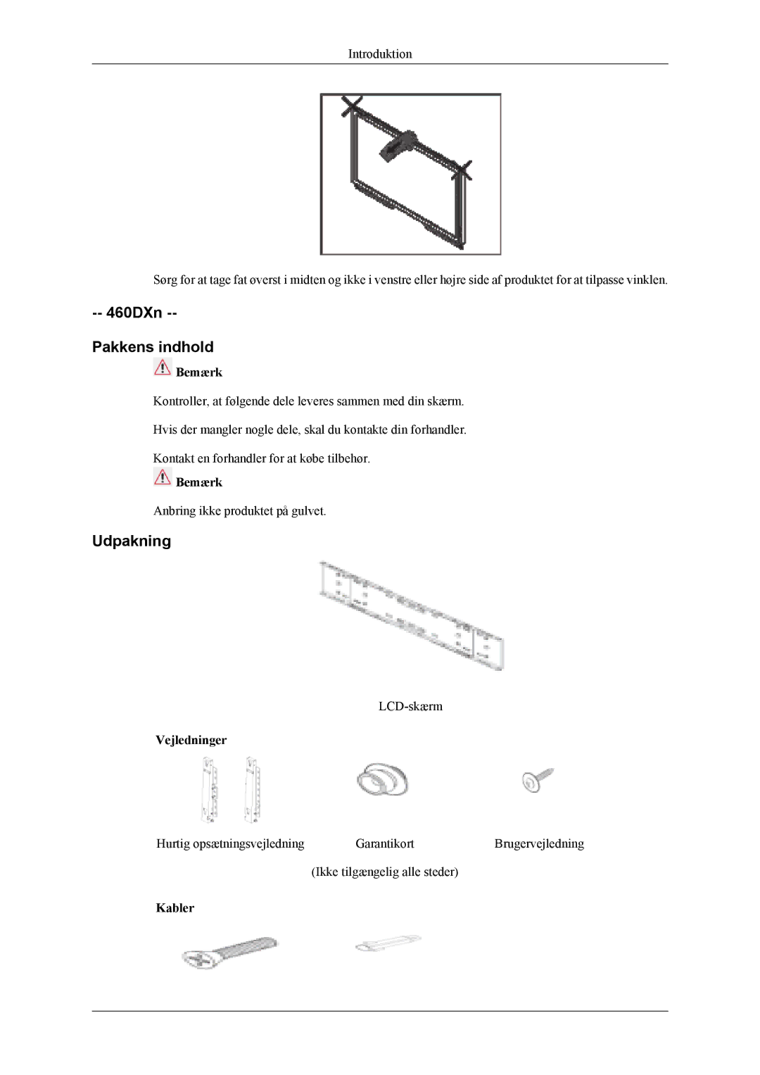 Samsung LH46MWTLBN/EN, LH46MSTLBM/EN, LH40MSTLBM/EN, LH46MSTLBB/EN, LH40MSTLBB/EN manual 460DXn Pakkens indhold, Bemærk 