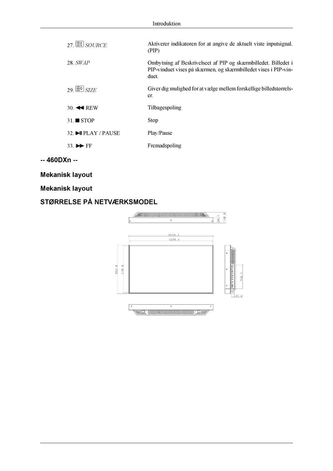 Samsung LH46MSTLBB/EN, LH46MWTLBN/EN, LH46MSTLBM/EN, LH40MSTLBM/EN, LH40MSTLBB/EN, LH40MSPLBM/EN manual 460DXn Mekanisk layout 