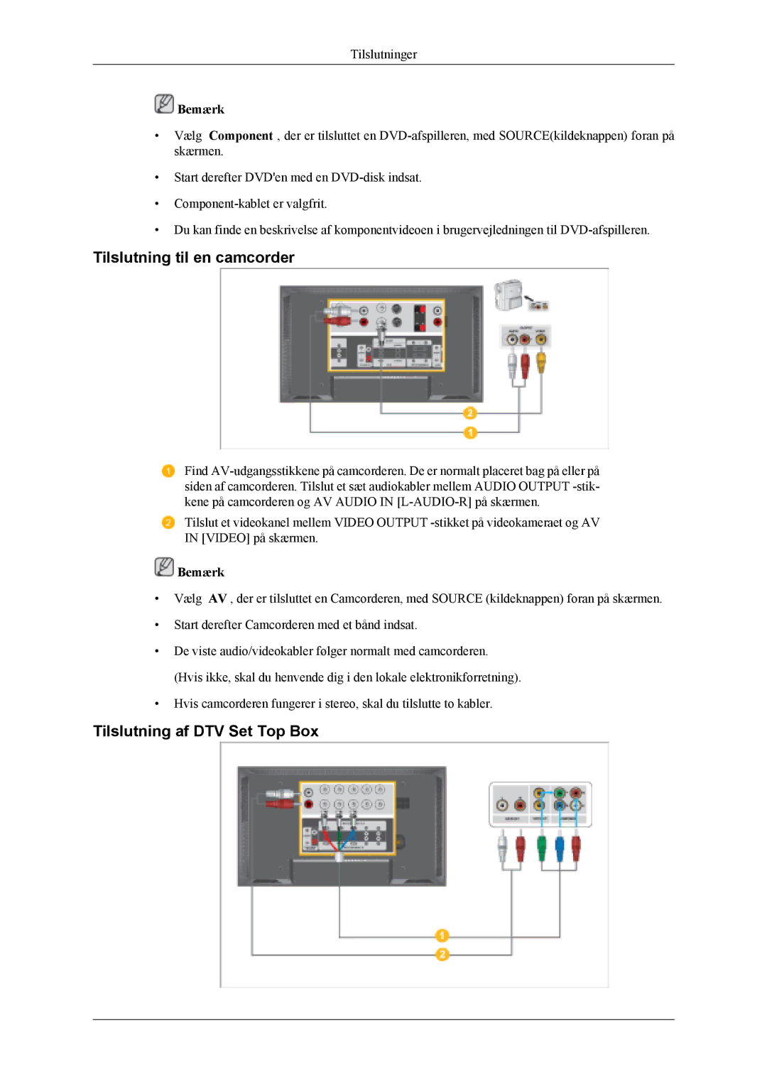 Samsung LH46MWTLBN/EN, LH46MSTLBM/EN, LH40MSTLBM/EN manual Tilslutning til en camcorder, Tilslutning af DTV Set Top Box 