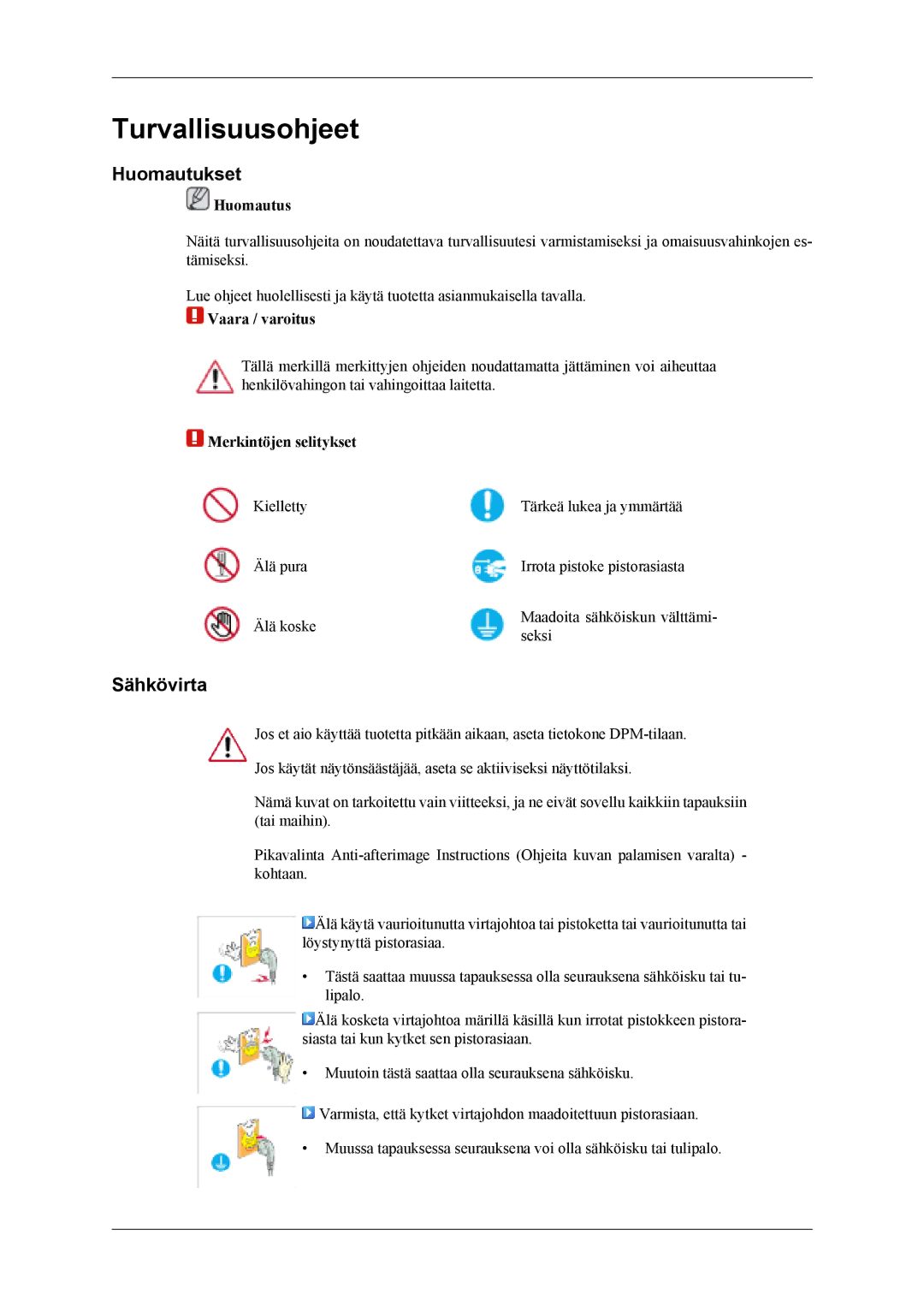 Samsung LH40MSTLBM/EN, LH46MWTLBN/EN manual Huomautukset, Sähkövirta, Huomautus, Vaara / varoitus, Merkintöjen selitykset 