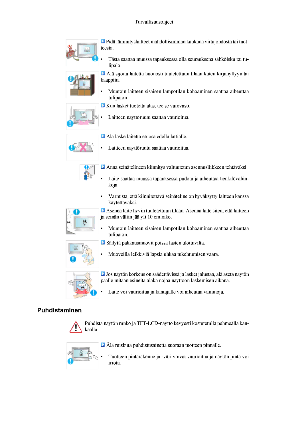 Samsung LH40MSTLBB/EN, LH46MWTLBN/EN, LH46MSTLBM/EN, LH40MSTLBM/EN, LH46MSTLBB/EN, LH40MSPLBM/EN manual Puhdistaminen 