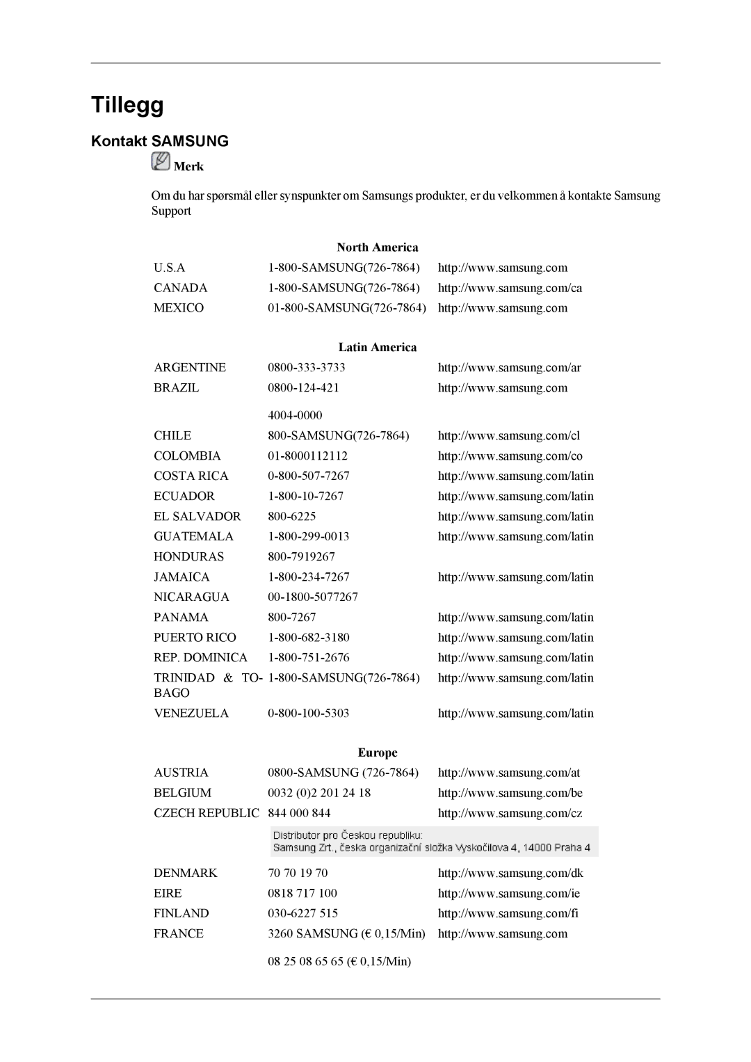 Samsung LH46MSTLBB/EN, LH46MWTLBN/EN, LH46MSTLBM/EN, LH40MSTLBM/EN Kontakt Samsung, North America, Latin America, Europe 