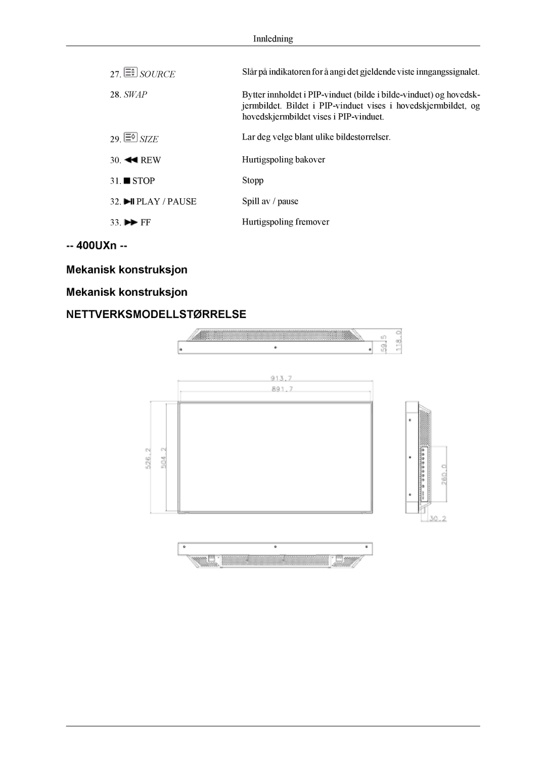 Samsung LH46MWTLBN/EN, LH46MSTLBM/EN, LH40MSTLBM/EN, LH46MSTLBB/EN, LH40MSTLBB/EN manual 400UXn Mekanisk konstruksjon, Swap 