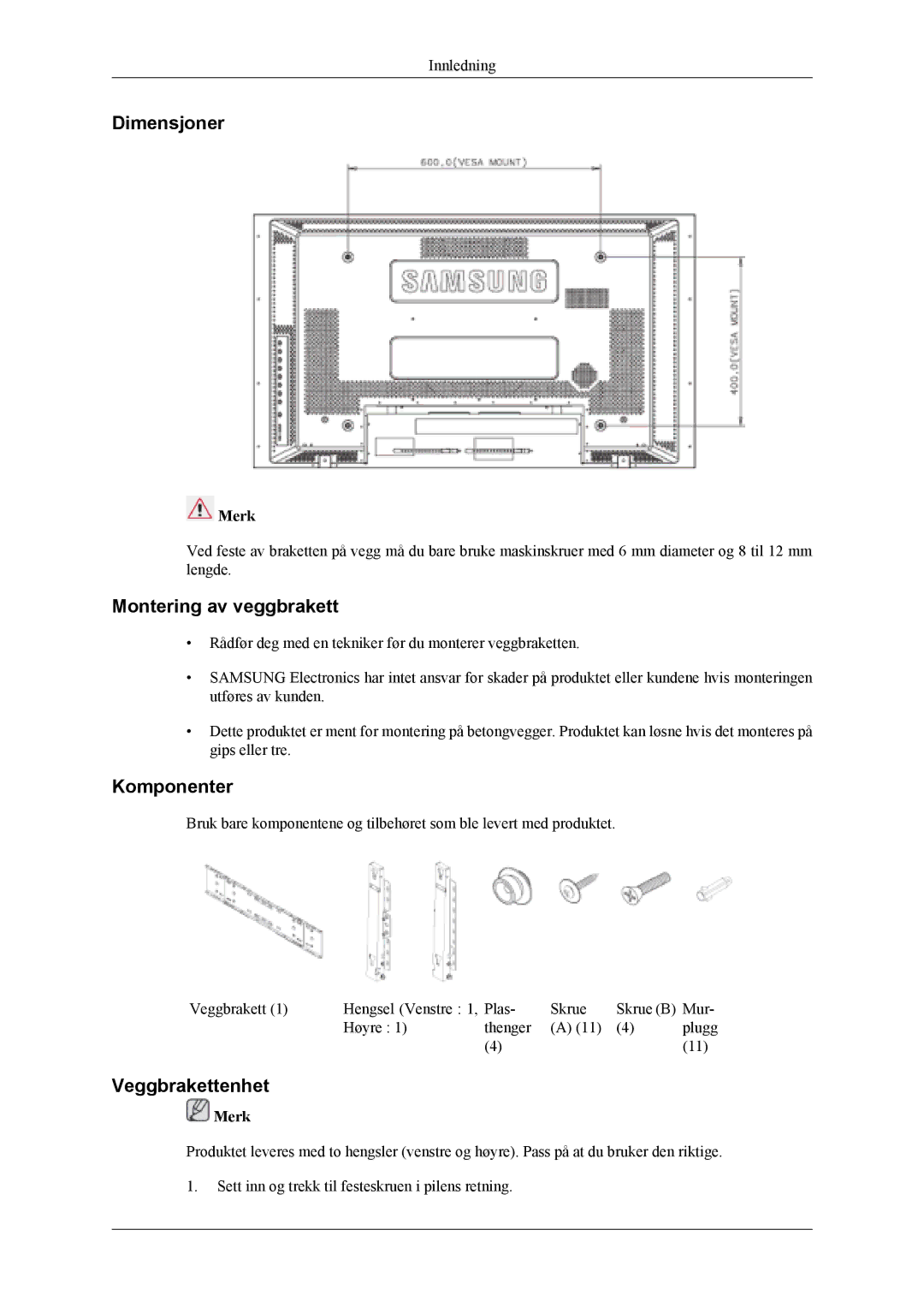 Samsung LH40MSTLBM/EN, LH46MWTLBN/EN, LH46MSTLBM/EN Dimensjoner, Montering av veggbrakett, Komponenter, Veggbrakettenhet 