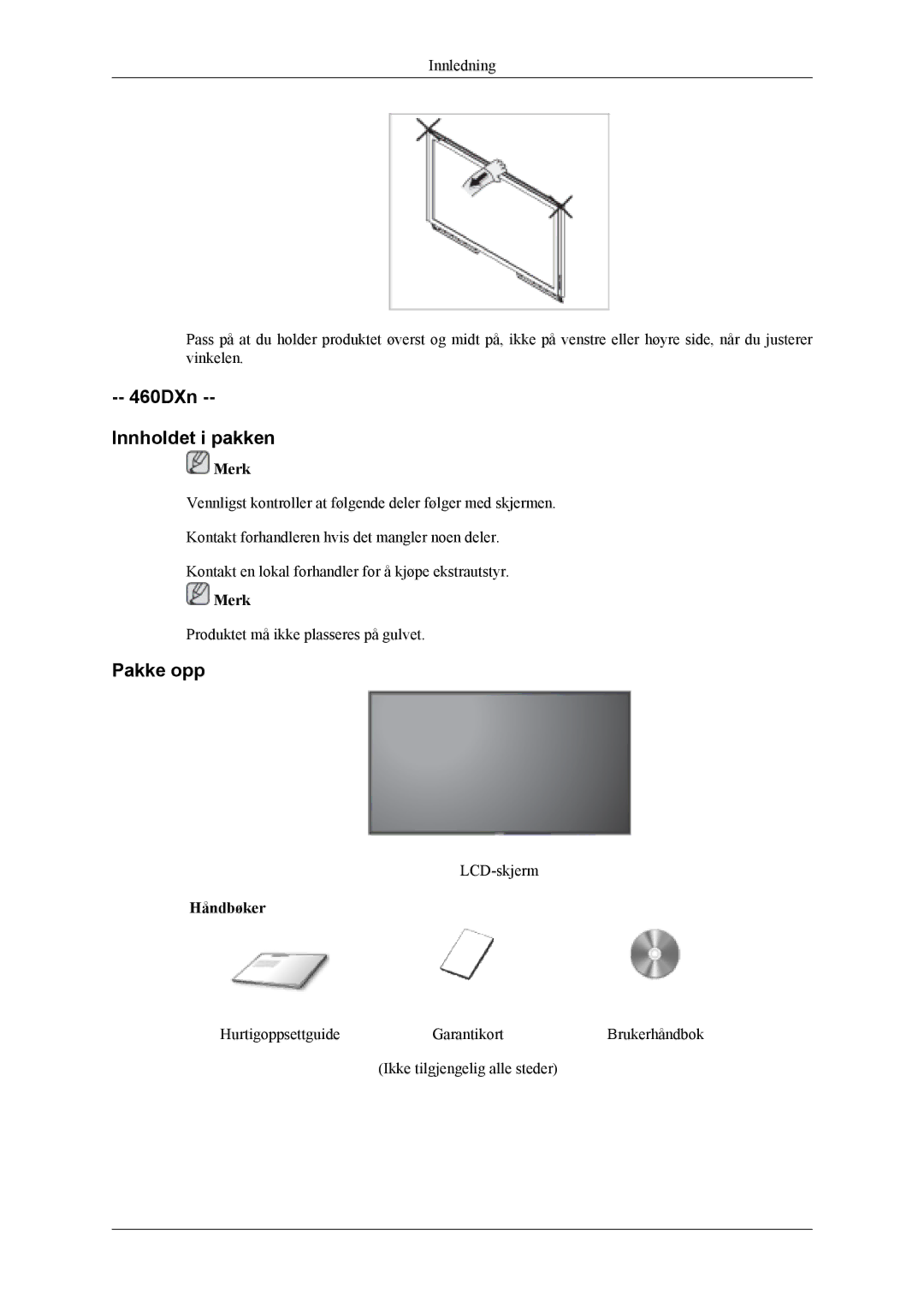 Samsung LH46MWTLBN/EN, LH46MSTLBM/EN, LH40MSTLBM/EN, LH46MSTLBB/EN, LH40MSTLBB/EN manual 460DXn Innholdet i pakken, Pakke opp 