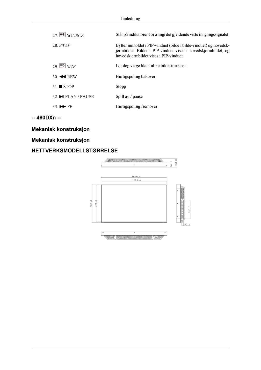 Samsung LH40MSTLBB/EN, LH46MWTLBN/EN, LH46MSTLBM/EN, LH40MSTLBM/EN, LH46MSTLBB/EN, LH40MSPLBM/EN 460DXn Mekanisk konstruksjon 