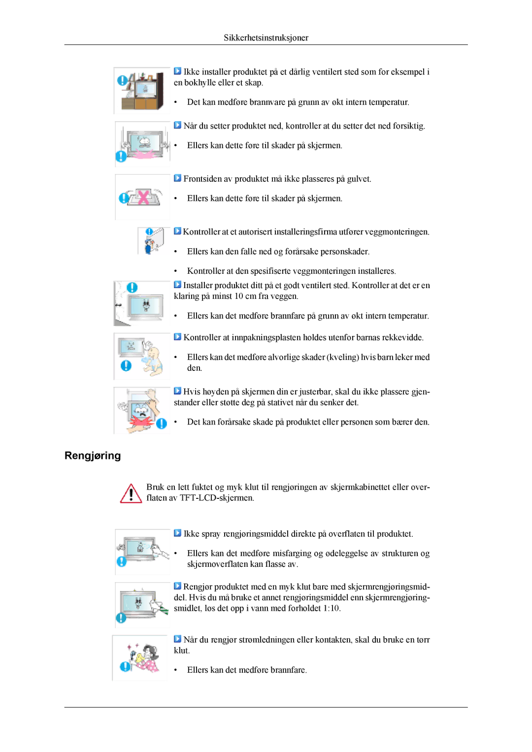 Samsung LH40MSTLBB/EN, LH46MWTLBN/EN, LH46MSTLBM/EN, LH40MSTLBM/EN, LH46MSTLBB/EN, LH40MSPLBM/EN manual Rengjøring 