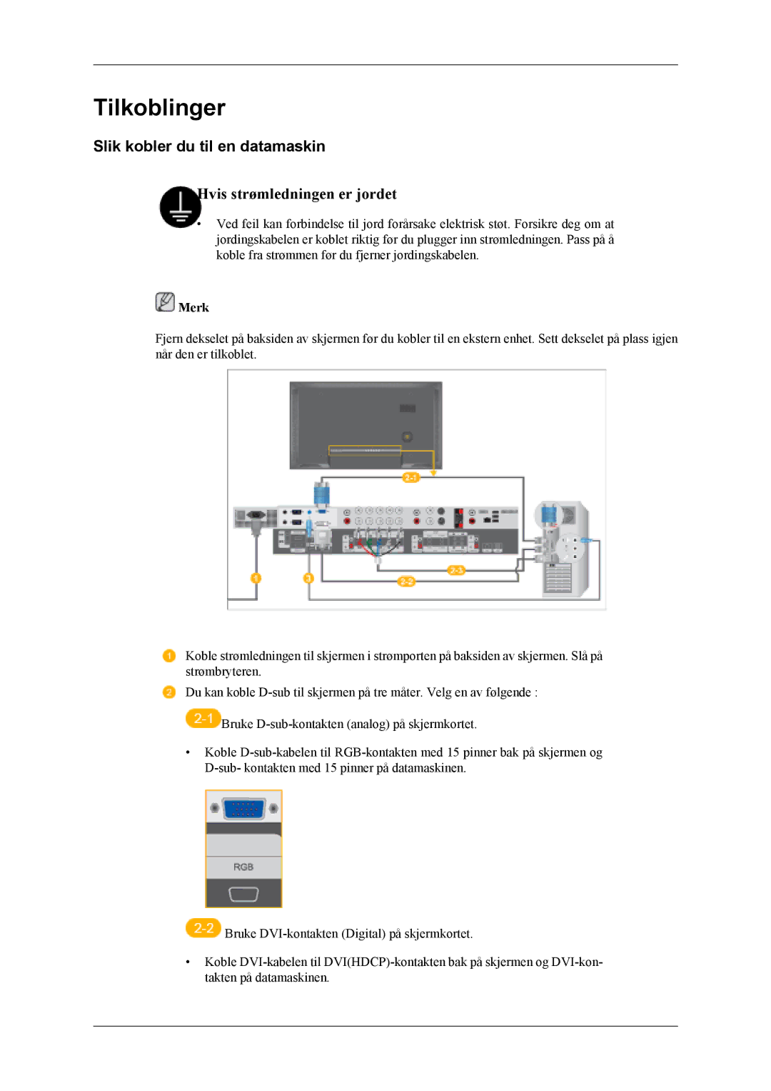 Samsung LH40MSTLBB/EN, LH46MWTLBN/EN, LH46MSTLBM/EN, LH40MSTLBM/EN manual Tilkoblinger, Slik kobler du til en datamaskin 