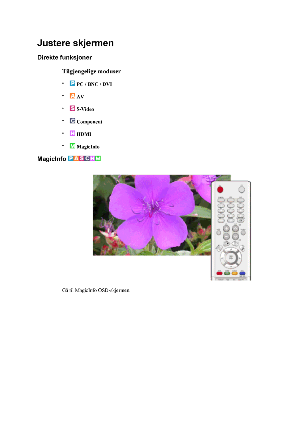 Samsung LH46MSTLBB/EN, LH46MWTLBN/EN, LH46MSTLBM/EN manual Direkte funksjoner, MagicInfo, PC / BNC / DVI Video Component 