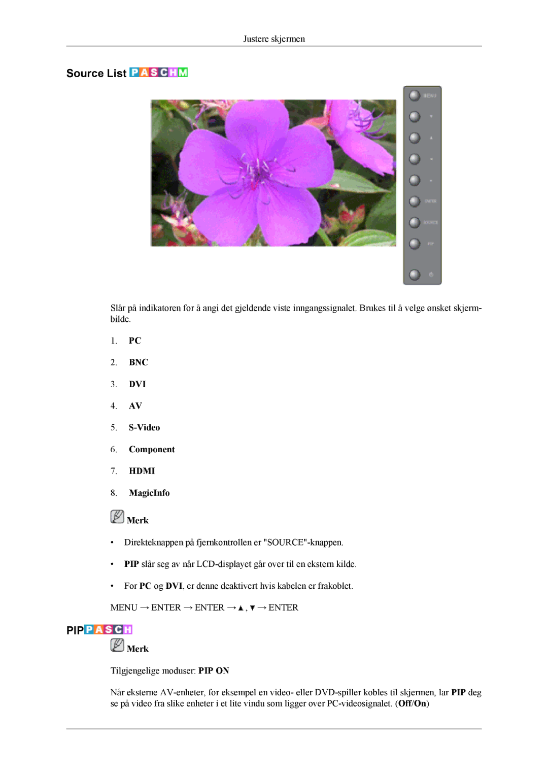 Samsung LH46MWTLBN/EN, LH46MSTLBM/EN, LH40MSTLBM/EN, LH46MSTLBB/EN manual Source List, BNC DVI Video Component, MagicInfo Merk 