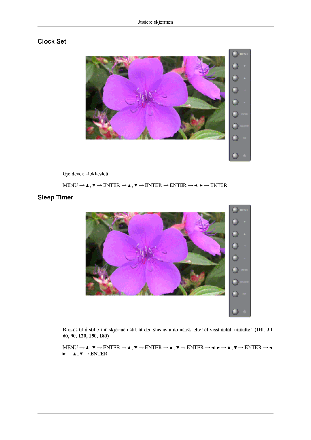 Samsung LH46MSTLBM/EN, LH46MWTLBN/EN, LH40MSTLBM/EN, LH46MSTLBB/EN, LH40MSTLBB/EN, LH40MSPLBM/EN manual Clock Set, Sleep Timer 