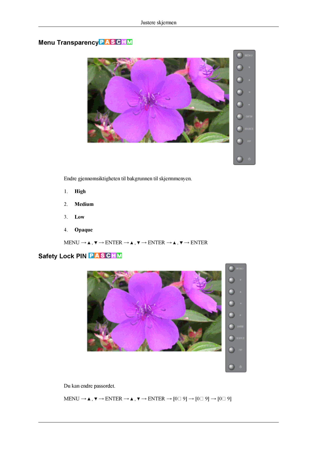 Samsung LH46MSTLBB/EN, LH46MWTLBN/EN, LH46MSTLBM/EN, LH40MSTLBM/EN, LH40MSTLBB/EN manual Menu Transparency, Safety Lock PIN 