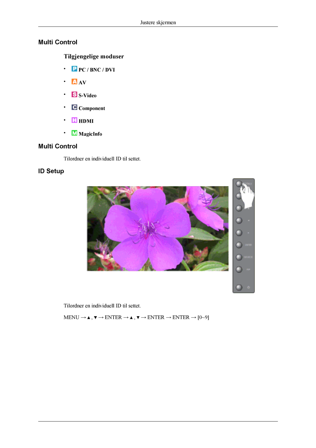 Samsung LH40MSTLBM/EN, LH46MWTLBN/EN, LH46MSTLBM/EN, LH46MSTLBB/EN, LH40MSTLBB/EN, LH40MSPLBM/EN manual Multi Control, ID Setup 