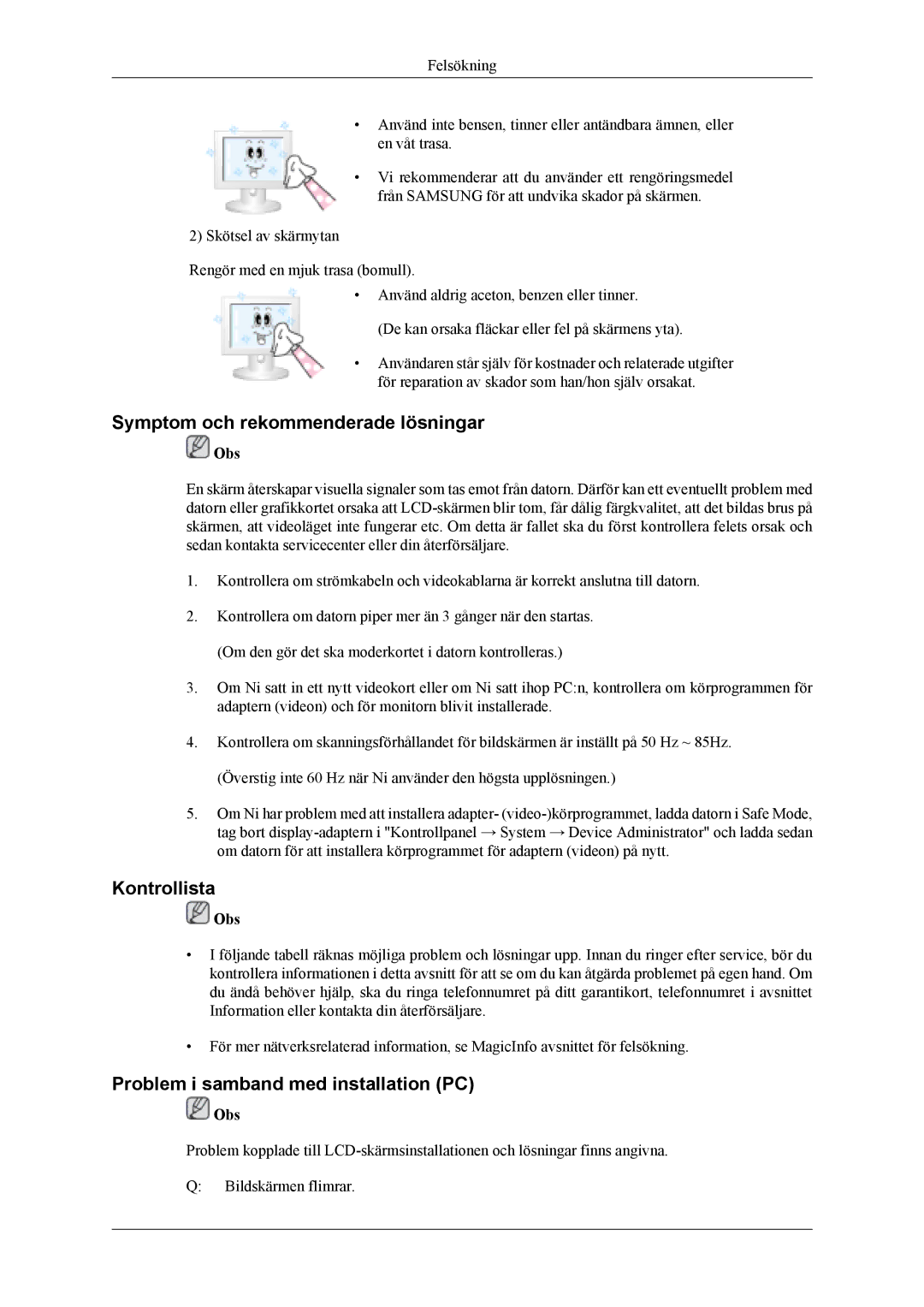 Samsung LH40MSTLBM/EN manual Symptom och rekommenderade lösningar, Kontrollista, Problem i samband med installation PC 