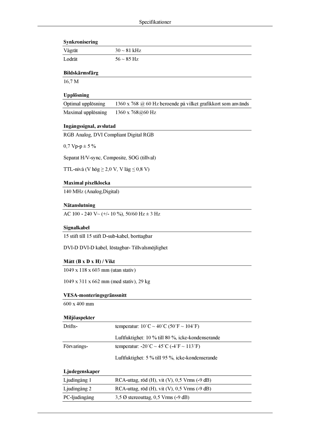 Samsung LH40MSPLBM/EN, LH46MWTLBN/EN, LH46MSTLBM/EN, LH40MSTLBM/EN, LH46MSTLBB/EN manual Vågrät ~ 81 kHz Lodrät ~ 85 Hz 