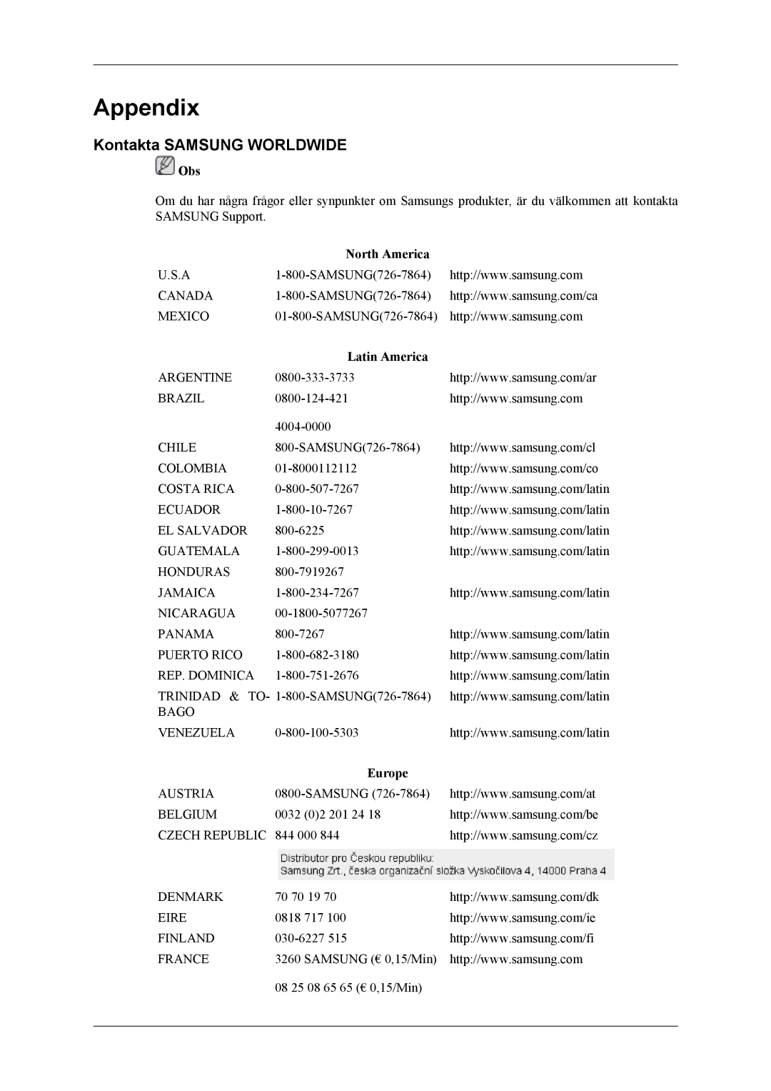 Samsung LH40MSTLBM/EN, LH46MWTLBN/EN, LH46MSTLBM/EN manual Kontakta Samsung Worldwide, North America, Latin America, Europe 