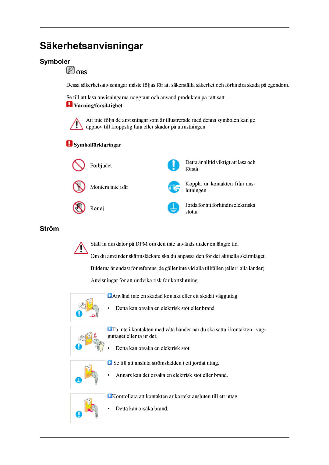 Samsung LH40MSTLBM/EN, LH46MWTLBN/EN, LH46MSTLBM/EN, LH46MSTLBB/EN Symboler, Ström, Varning/försiktighet, Symbolförklaringar 