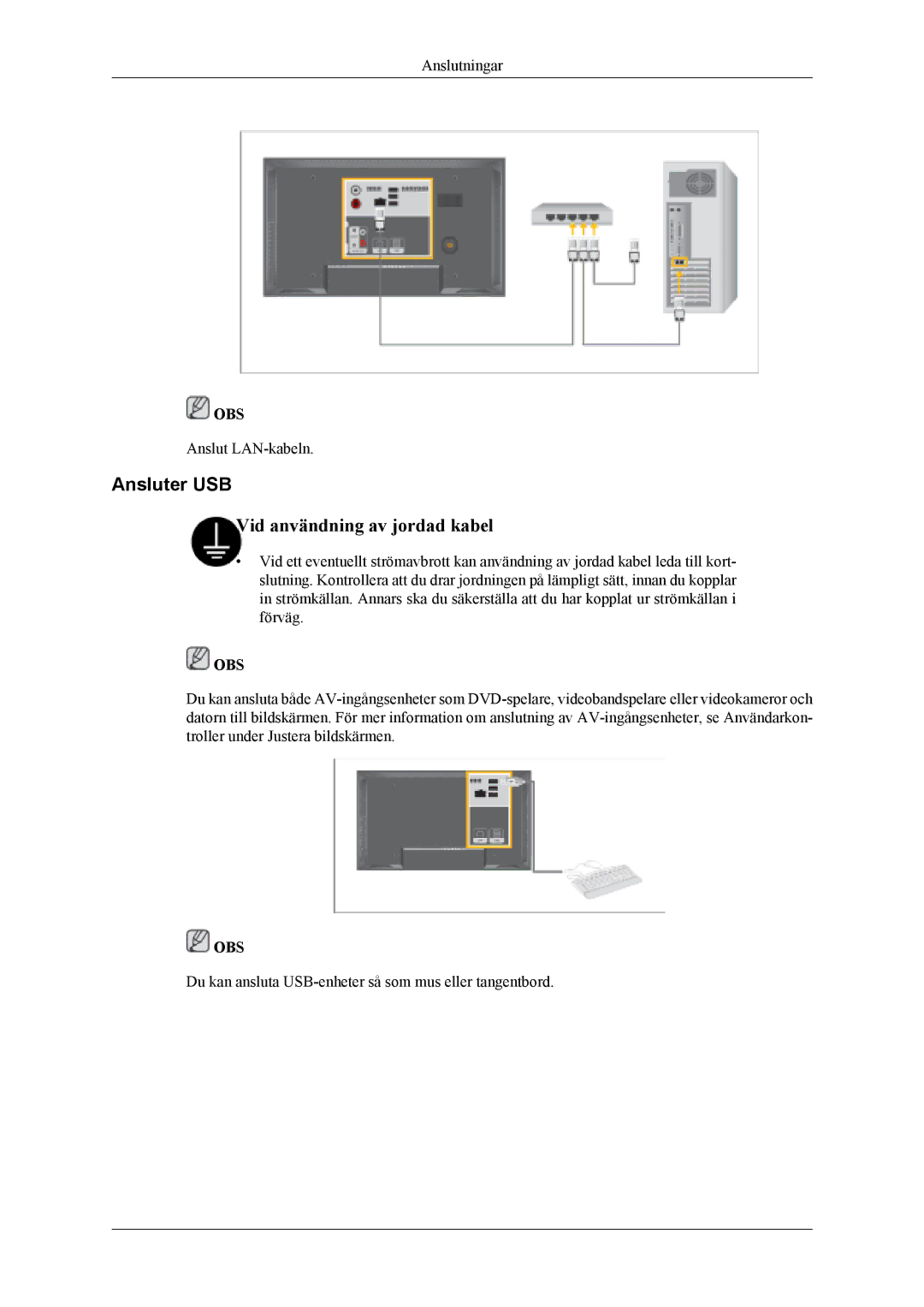 Samsung LH46MSTLBB/EN, LH46MWTLBN/EN, LH46MSTLBM/EN, LH40MSTLBM/EN, LH40MSTLBB/EN, LH40MSPLBM/EN manual Ansluter USB 