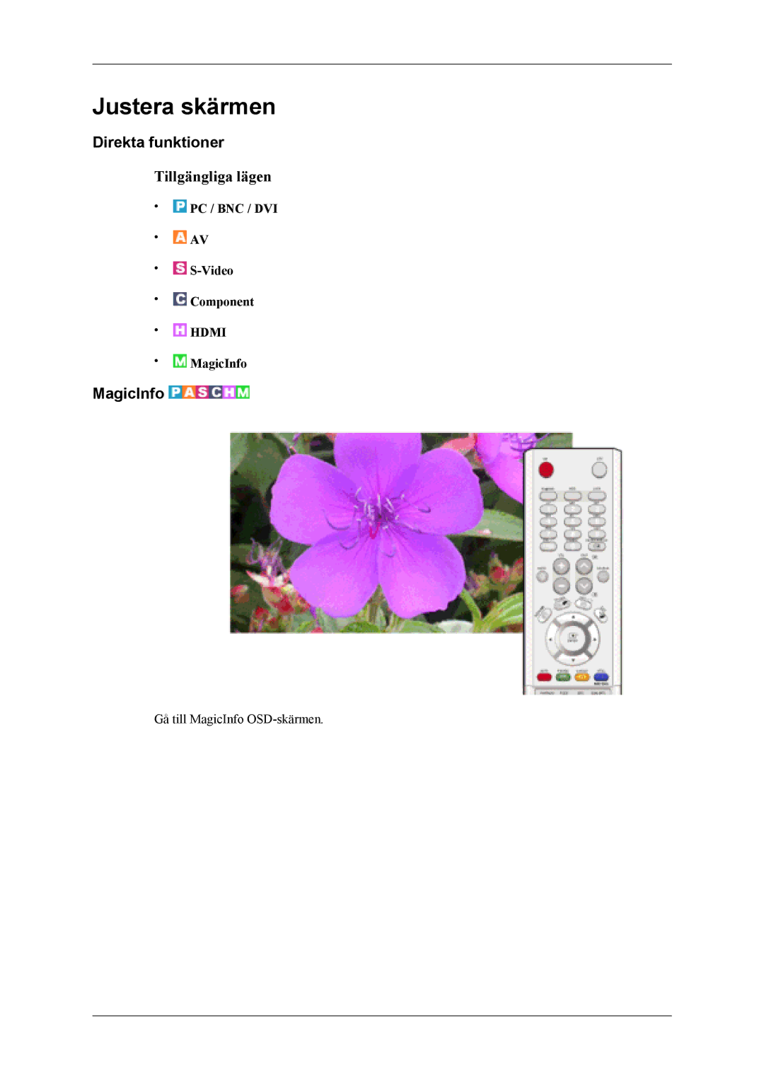 Samsung LH40MSTLBM/EN, LH46MWTLBN/EN, LH46MSTLBM/EN manual Direkta funktioner, MagicInfo, PC / BNC / DVI Video Component 