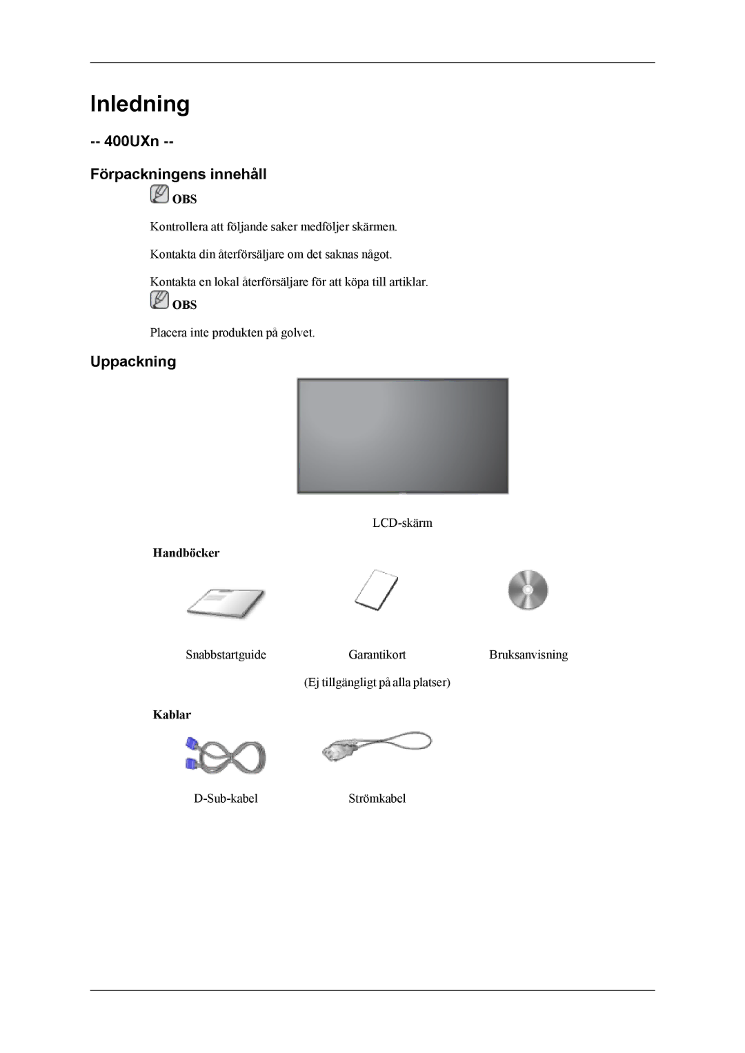 Samsung LH46MSTLBB/EN, LH46MWTLBN/EN, LH46MSTLBM/EN manual 400UXn Förpackningens innehåll, Uppackning, Handböcker, Kablar 