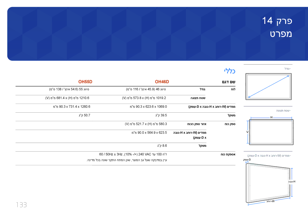 Samsung LH46OHDPKBC/UE, LH46OHDPKBC/EN, LH55OHDPKBC/CH manual טרפמ, 133, םגד םש 