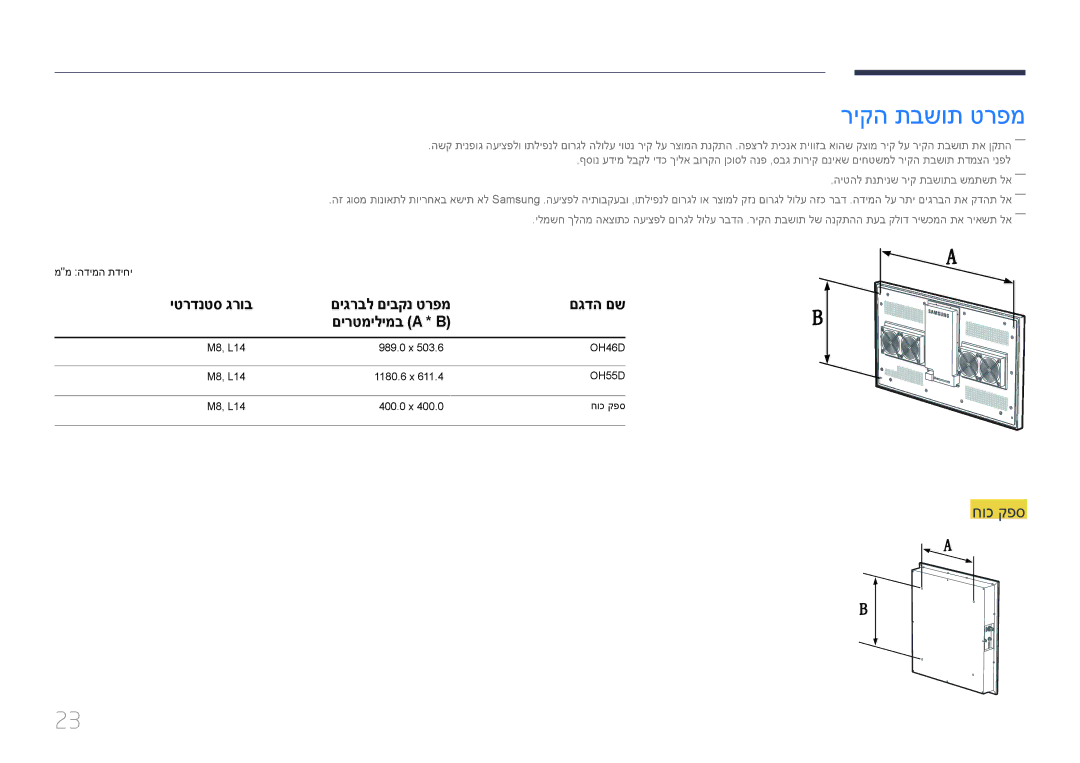 Samsung LH55OHDPKBC/CH, LH46OHDPKBC/EN, LH46OHDPKBC/UE manual ריקה תבשות טרפמ, חוכ קפס, יטרדנטס גרוב 