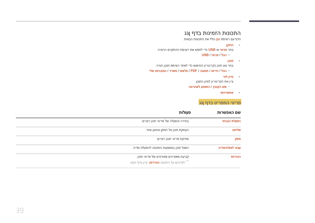 Samsung LH46OHDPKBC/EN, LH46OHDPKBC/UE, LH55OHDPKBC/CH manual נגן ףדב תונימזה תונוכתה, תולועפ תורשפאה םש 