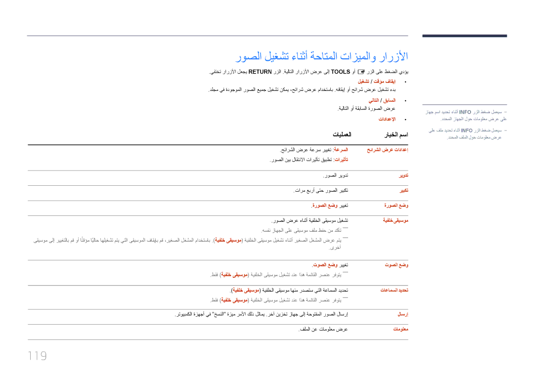 Samsung LH46OHDPKBC/UE manual روصلا ليغشت ءانثأ ةحاتملا تازيملاو رارزلأا, 119 