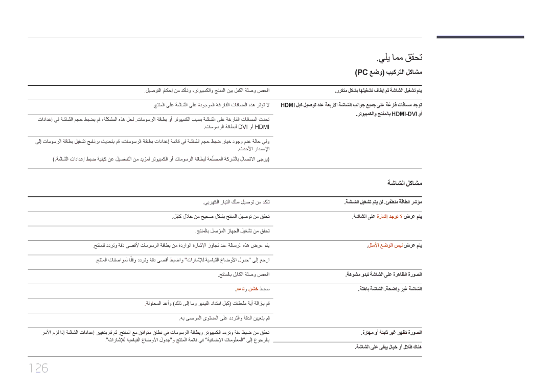 Samsung LH46OHDPKBC/UE manual 126, يلي امم ققحت, Pc عضو بيكرتلا لكاشم, ةشاشلا لكاشم 