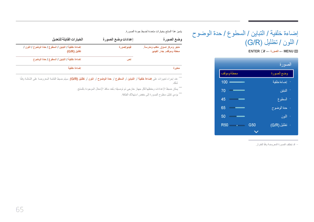 Samsung LH46OHDPKBC/UE manual ليدعتلل ةلباقلا تارايخلا ةروصلا عضو تادادعإ, ةروصلا ةدوج طبضل ةددعتم تارايخب جتنملا اذه زيمتي 