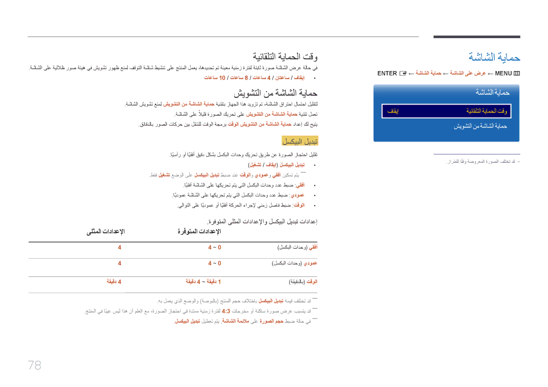 Samsung LH46OHDPKBC/UE manual ةيئاقلتلا ةيامحلا تقو, شيوشتلا نم ةشاشلا ةيامح, لسكيبلا ليدبت 