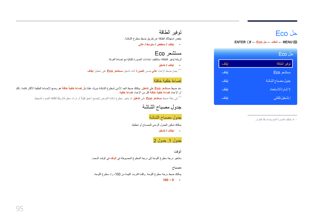 Samsung LH46OHDPKBC/UE manual Eco لح, ةقاطلا ريفوت, Eco رعشتسم, ةشاشلا حابصم لودج 