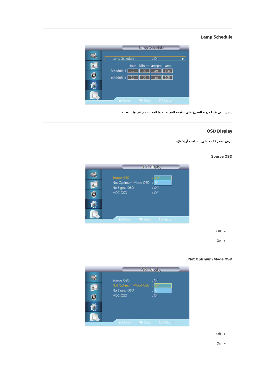 Samsung LH46OLBPPGC/SM, LH46OLBPPGC/EN manual Lamp Schedule, OSD Display, Source OSD, Not Optimum Mode OSD 